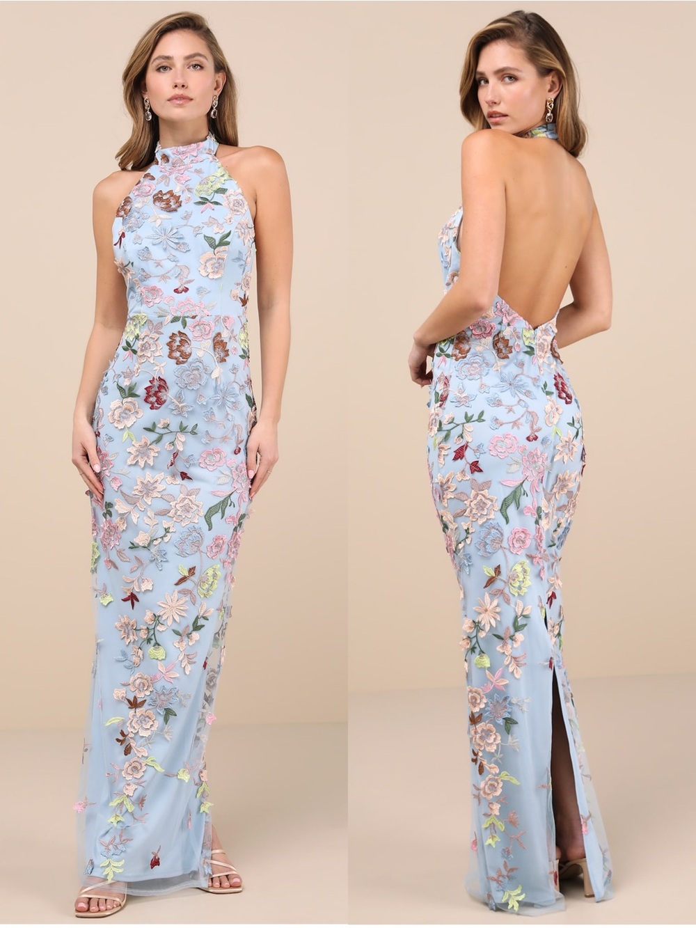 LULUS Floral Appliqué Mesh Halter Neck Open Back Fairycore Wedding Guest Dress S